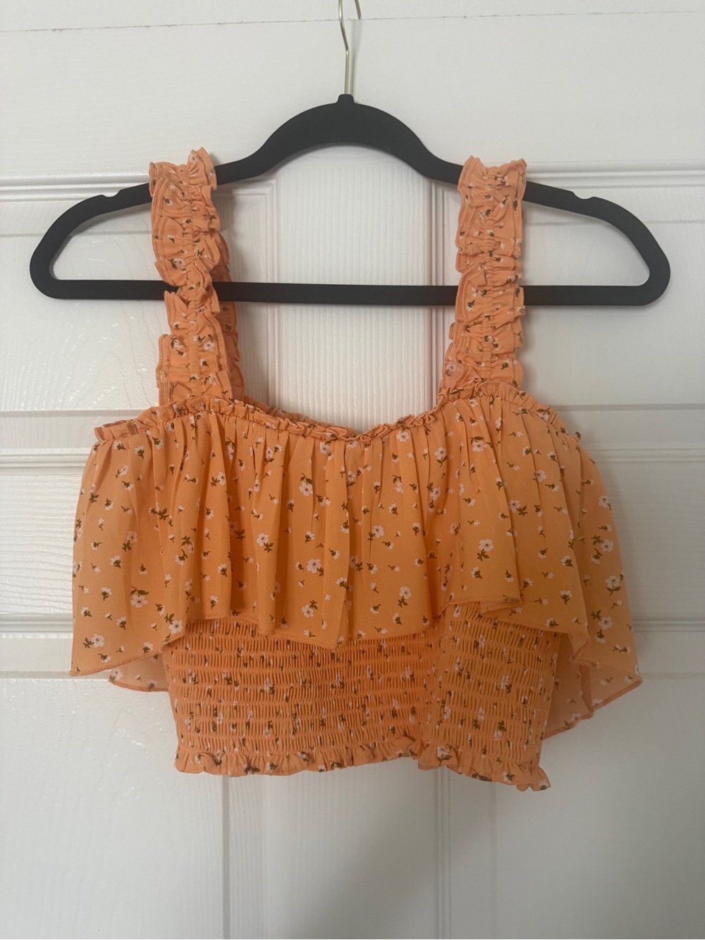 Forever 21 Peach Floral Smocked Ruffle Crop Top